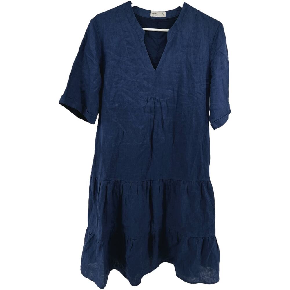 Grae Cove 100% Linen Dress Midi Chambray Tiered A Line Pockets V-Neck Blue M
